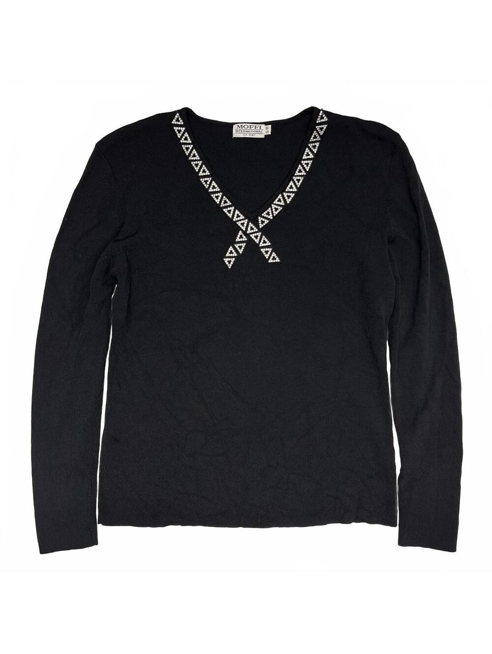 Vintage Moffi International Black Heavy Long Sleeve W Rhinestone Neckline Sz S